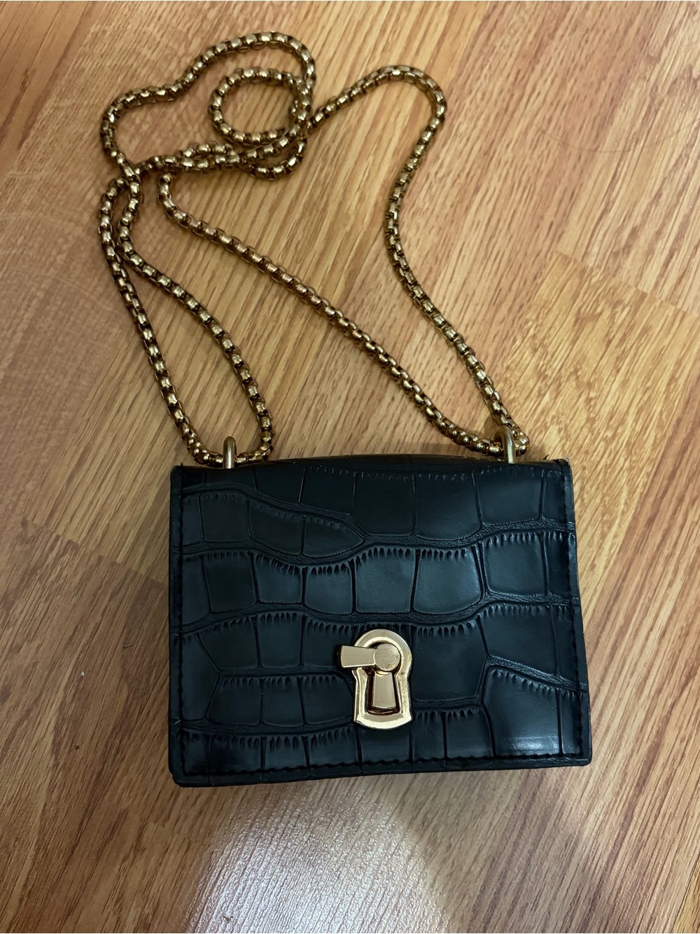 Black Croc-Embossed Mini Shoulder Bag with Gold Chain